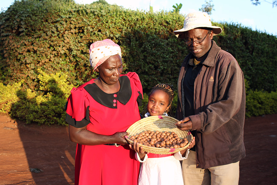 Farmer, Eshter Njoki (l.), and her family proudly present a basket of their macadamia harvest.