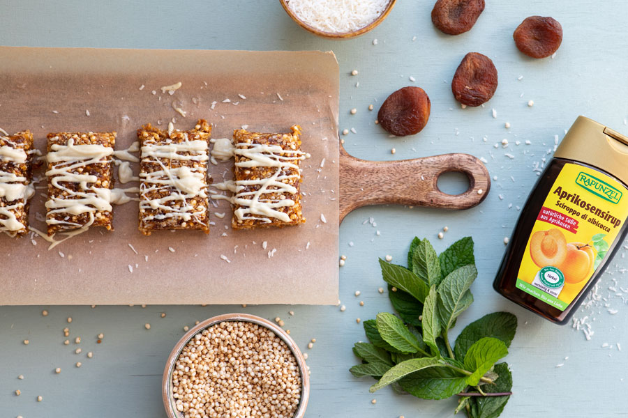Apricot coconut bars with quinoa and white chocolate
