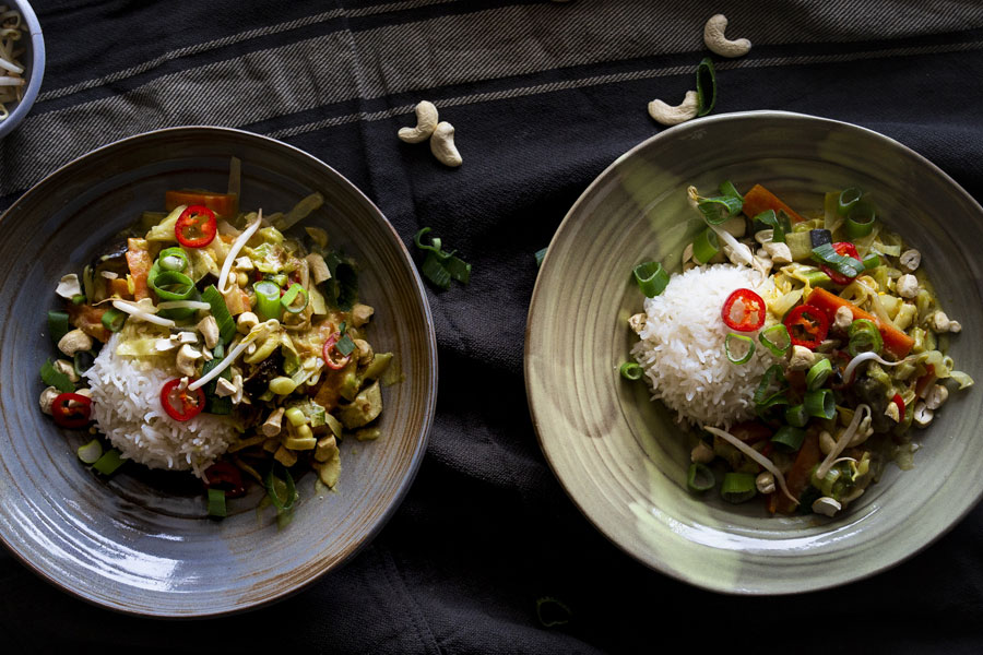Asian wok with curry -coconut- peanut sauce and basmati rice