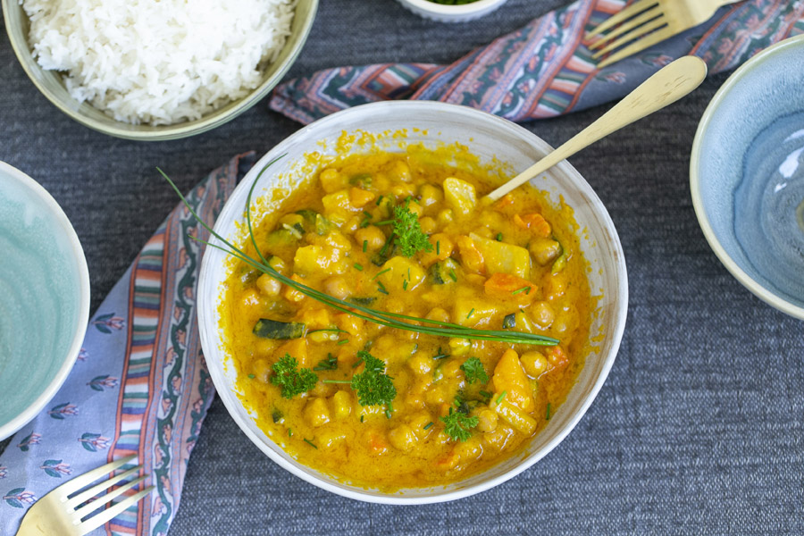 Indian chickpea vegetable stew with jasmine rice