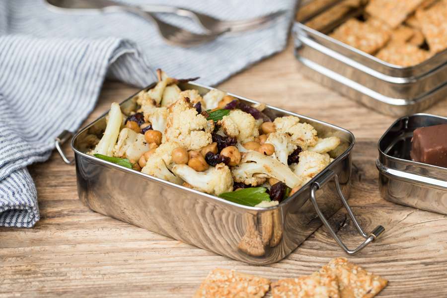 Roasted cauliflower salad with chickpeas, cranberries and a lemon tahini