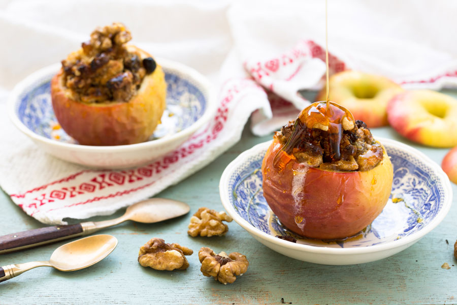 Baked apple with dried fruit, nuts and marzipan