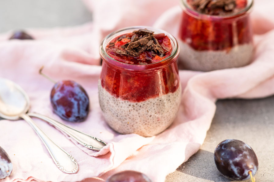 Coconut chia pudding with homemade cinnamon plum sauce