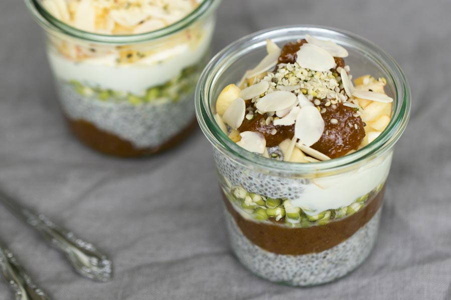 Chia apricot breakfast with fresh sprouts