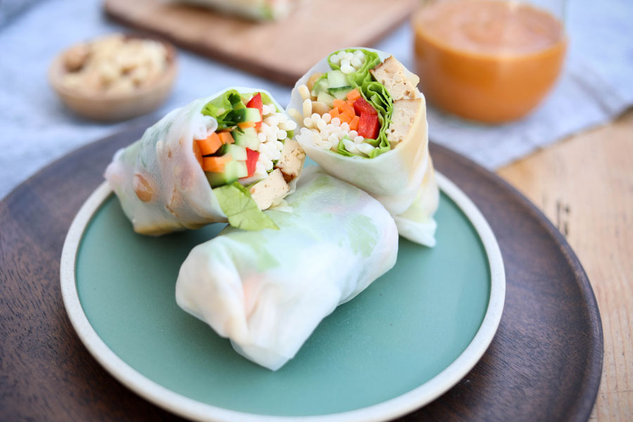 Veggie summer rolls with peanut dressing