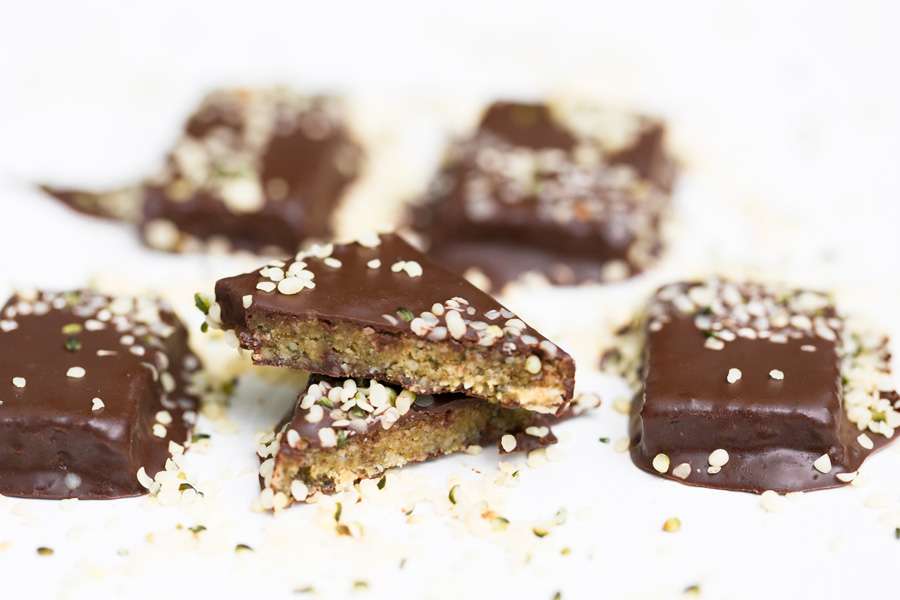 Homemade hemp bites covered in chocolate