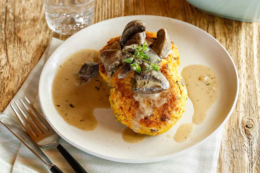 Millet carrot patties with creamy mushroom sauce