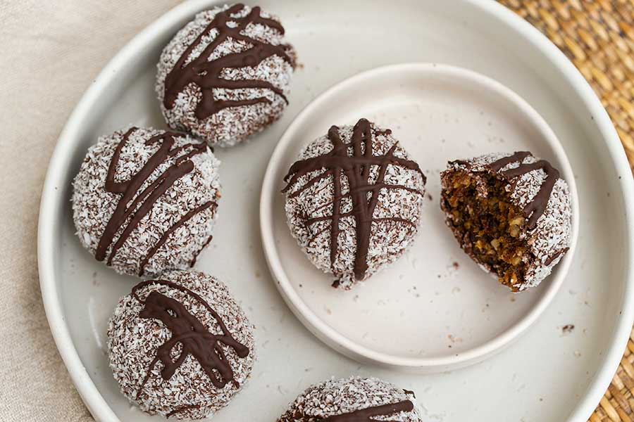 Apricot hazelnut balls with coconut and dark chocolate