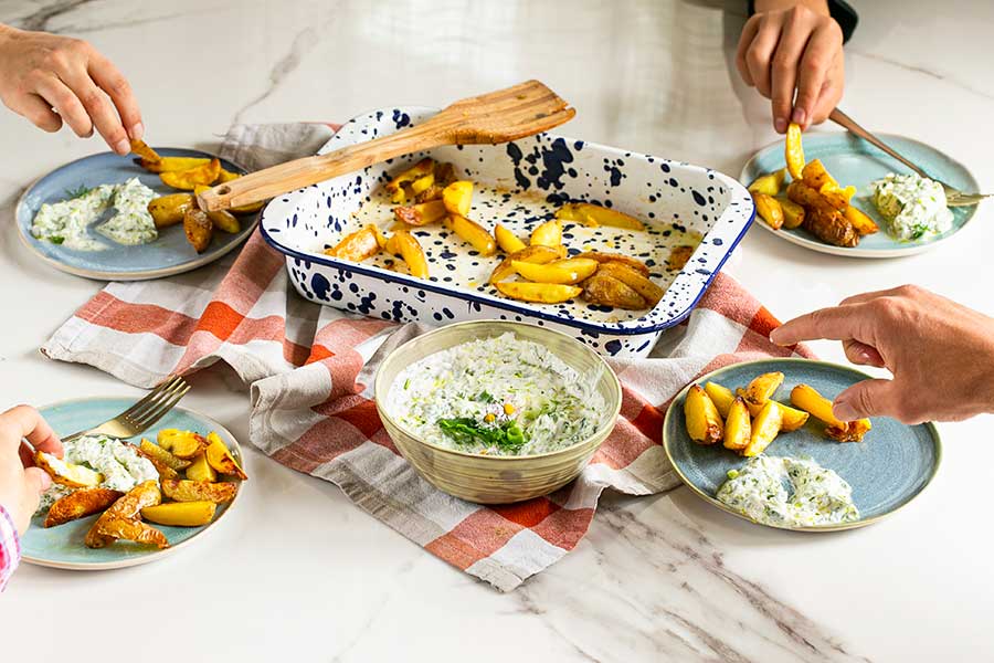 Fresh Herb dip with potato wedges