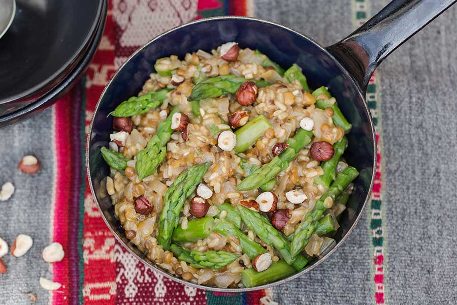Lensotto with asparagus and hazelnuts