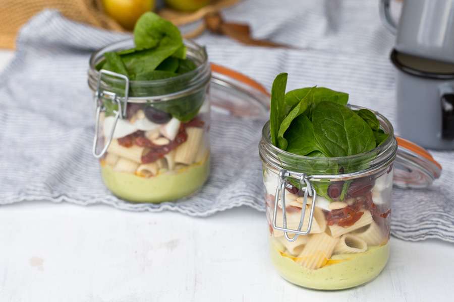 Pasta salad with avocado pesto dressing