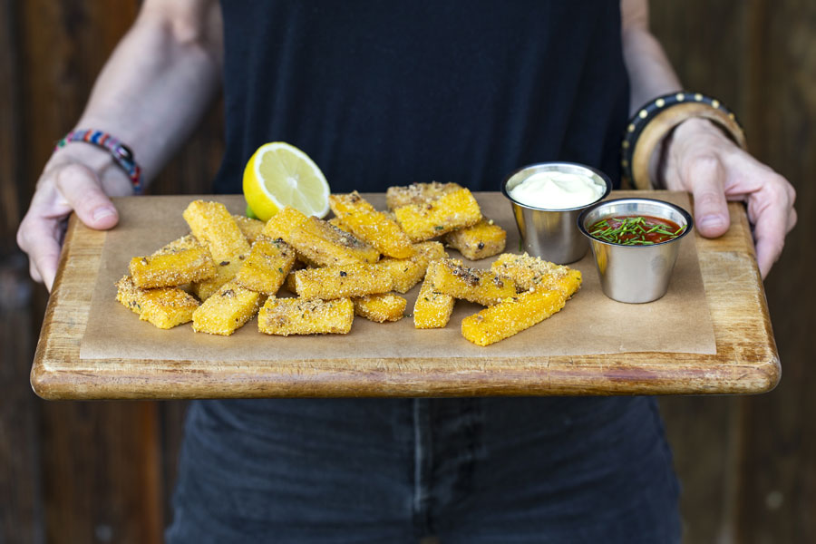 Polenta sticks with a tahini aioli and tomato dip