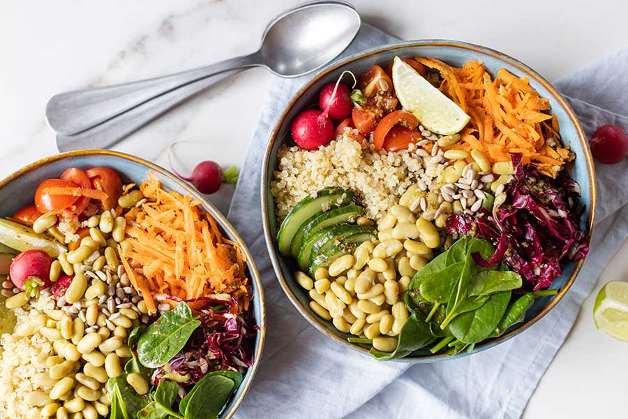 Quinoa Bowl mit Flageolet Bohnen und Pesto Dressing