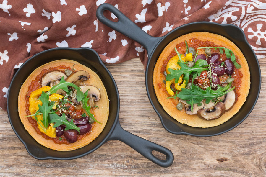 Socca Pizza (chickpeas patties) with Pesto, Olives and arugula