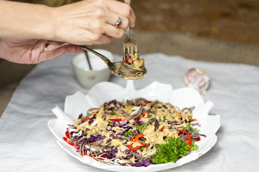 Asian Buckwheat Spaghetti Salad with Peanut Butter Dressing