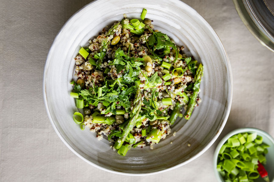 Asparagus salad with quinoa mix and soy beans Edamame