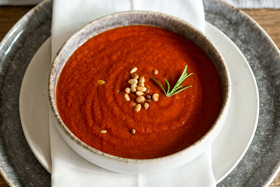 Tomato soup with cedar nuts