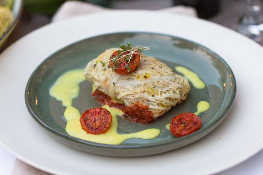 Stuffed savoy cabbage leaves with mushrooms, lentils and rice on tomato sauce and savory almond cream