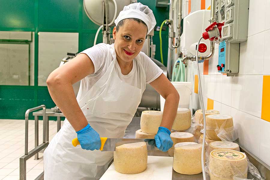 Michaela cuts and grinds Parmesan and Pecorino cheese directly prior to processing