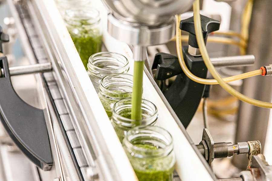 The finished pesto is immediately filled into jars