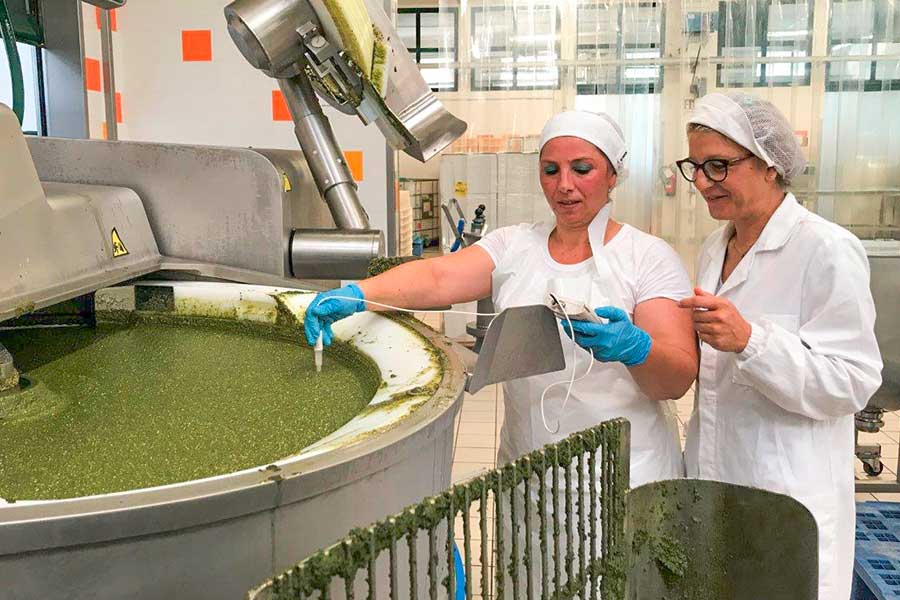 Barbara and Elisabeth check temperature and moisture content for a perfect quality