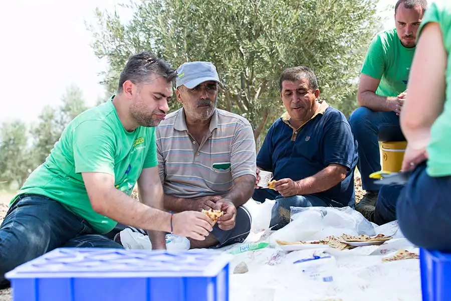 Kleine Stärkung zwischendurch an einem langen Tag: Agraringenieur Emrah Dağdeviren und Sultaninenbauern bei einem Snack.