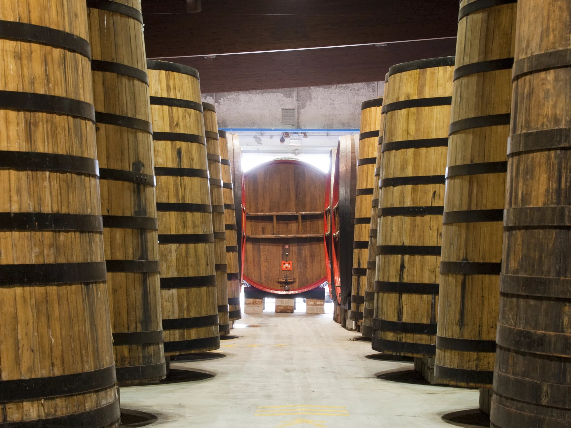 In großen Holzfässern reift Traubenmost zum aromatischen Balsamico. Riesige Holzfässer in einem Lagerraum, in welchen der Traubenmost zu aromatischem Balsamico heranreift.