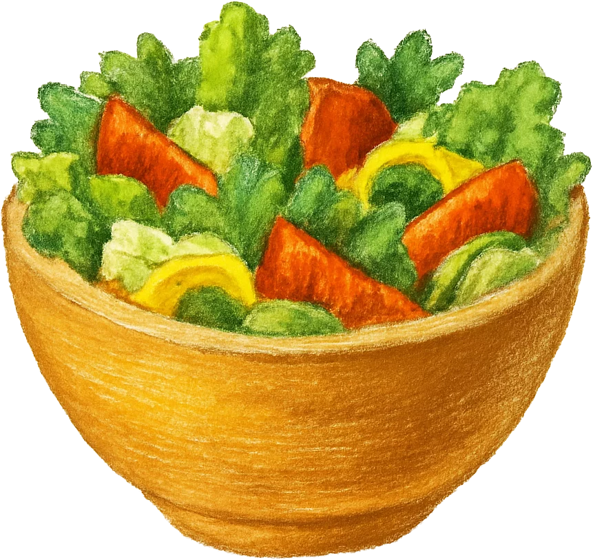 Bunt gefüllte Salatschüssel. Illustration einer braunen Salatschüssel, gefüllt mit grünem Salat und Tomaten.
