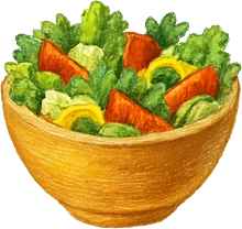 Illustration einer braunen Salatschüssel, gefüllt mit grünem Salat und Tomaten. 