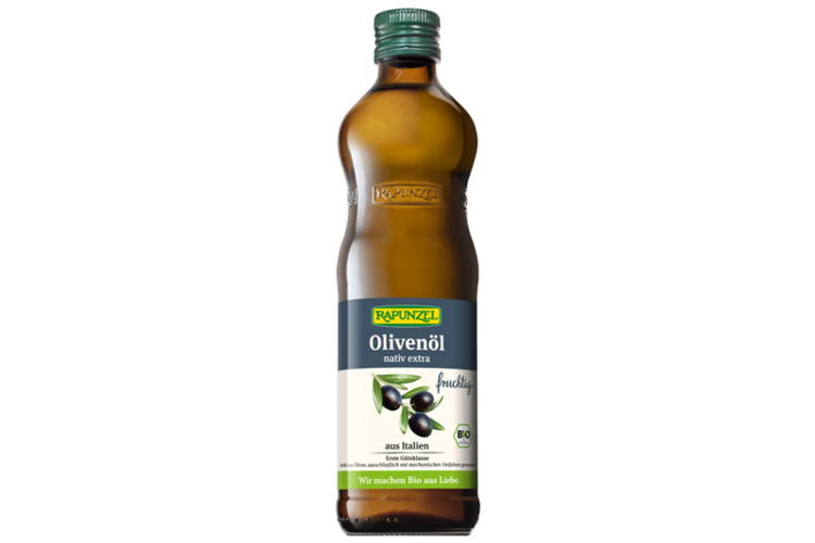 Abbildung der Rapunzel Olivenöl Flasche fruchtig, nativ extra.