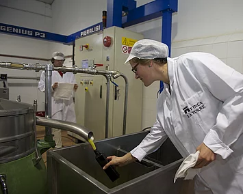 Eine Qualitätsmanagerin entnimmt eine Probe während der Olivenöl-Abfüllung in der Produktionshalle der Finca La Torre.