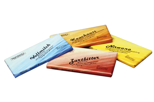 Historisches Foto der originalen Verpackung der ersten Bio-Schokolade von Rapunzel.