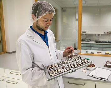 Mitarbeiter der Qualitätssicherung überprüft die Qualität der Haselnüsse im Labor.