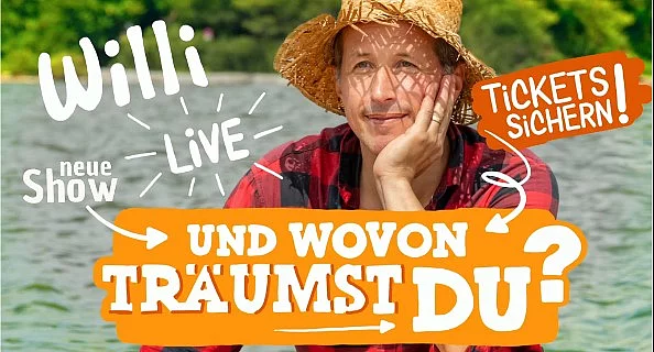 Flyer für Willi Weitzels Live-Show 2027 mit Verlinkung zum Ticket-Shop