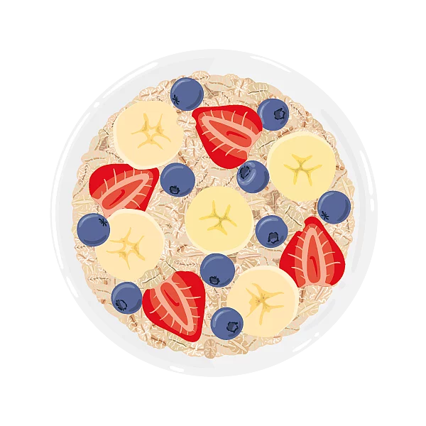 Illustration einer Müslischüssel, gefüllt mit verschiedenem Obst wie Erdbeeren, Bananen und Heidelbeeren.