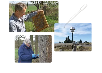 Eine Collage bestehend aus 3 Bildern, auf denen Mitarbeiter des Umweltinstituts München Pestizid-Proben aus der Luft über eigens entwickelte Messgeräte entnehmen. 