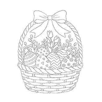 Illustration eines Osterkorbs. Gefüllt mit bemalten Eiern und Blümchen. 