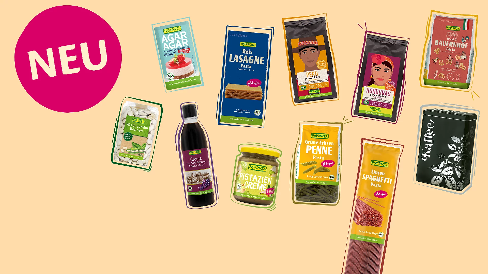 Verschiedene Neuprodukte nebeneinander dargestellt. Unter den 550 Produkten von Rapunzel finden sich regelmäßig Neuprodukte und bringen Abwechslung auf den Tisch.