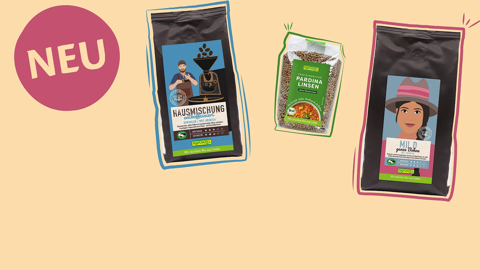 Rapunzel Produkte nebeneinander gereiht. Kaffee Hausmischung entkoffeiniert, Pardina Linsen und Kaffee Mild ganze Bohne. 