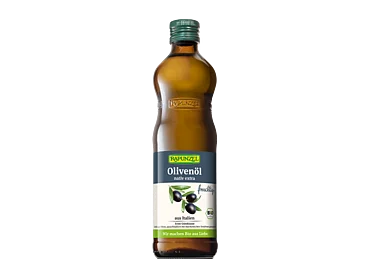 Abbildung der Rapunzel Olivenöl Flasche fruchtig, nativ extra.