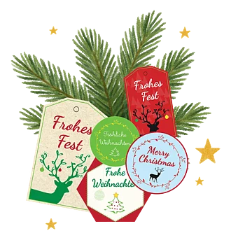 Illustrierter Tannenzweig auf dem die Anhänger von Rapunzel für selbstgemachte Plätzen zu sehen sind. 