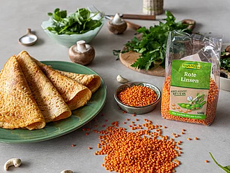 Fertig zubereitetes Gericht mit roten Linsen in einer Schale – stimmungsvolle Food-Inszenierung mit Bio-Zutaten aus Hülsenfrüchten.