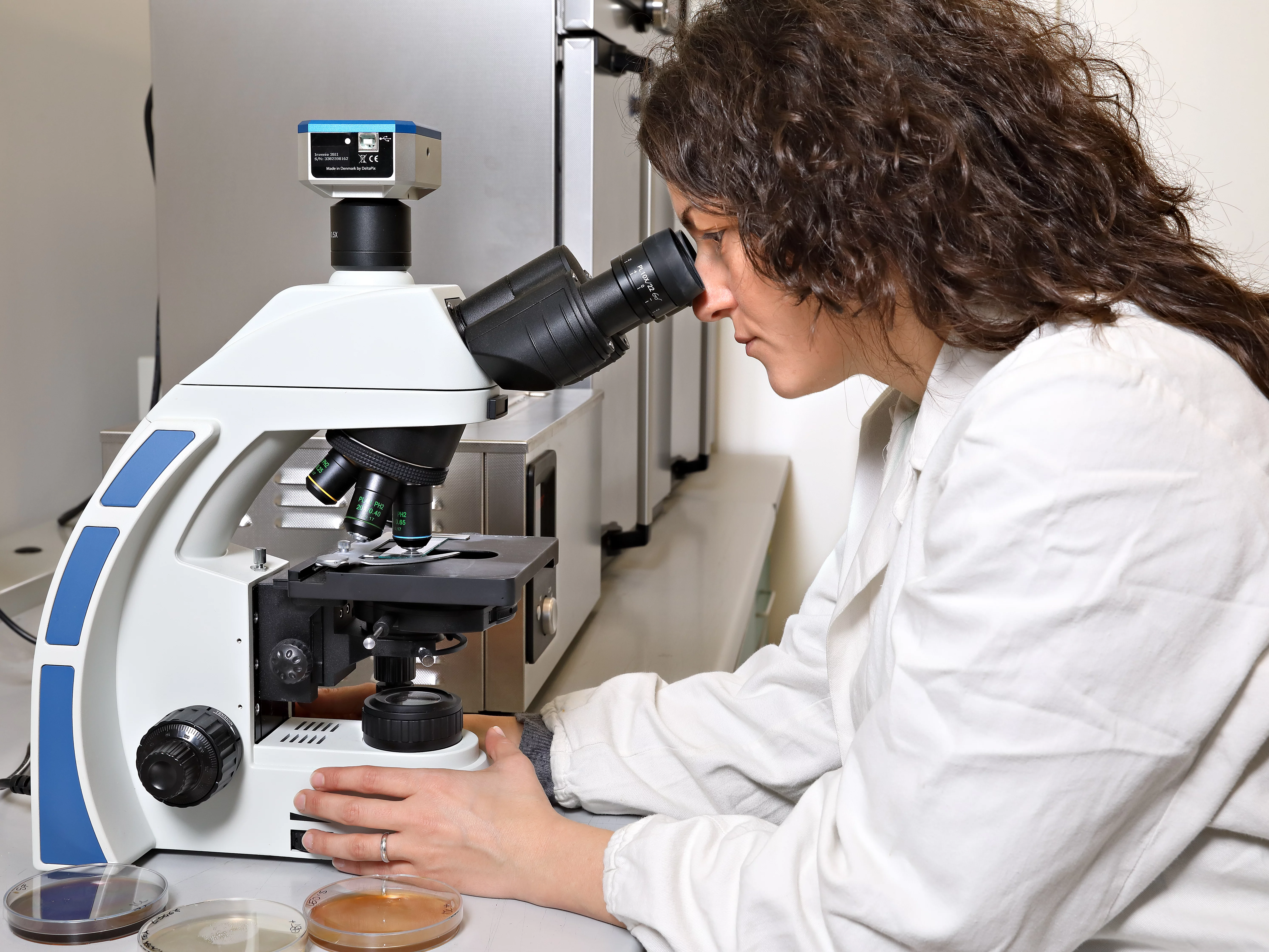 Labortechnikerin Simonetta Stifano sitzt an einem Mikroskop und analysiert eine Charge.