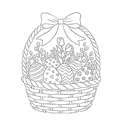 Osterkörbchen Illustration eines Osterkorbs. Gefüllt mit bemalten Eiern und Blümchen.