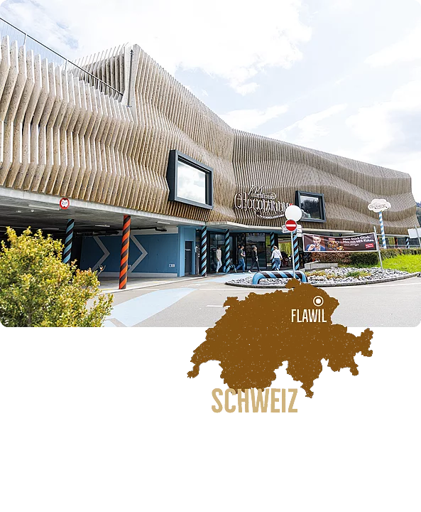Chocolarium von Maestrani in der Schweiz. Außergewöhnliches braunes Gebäude, das Chocolarium des Schokoladenherstellers Maestrani in der Schweiz.