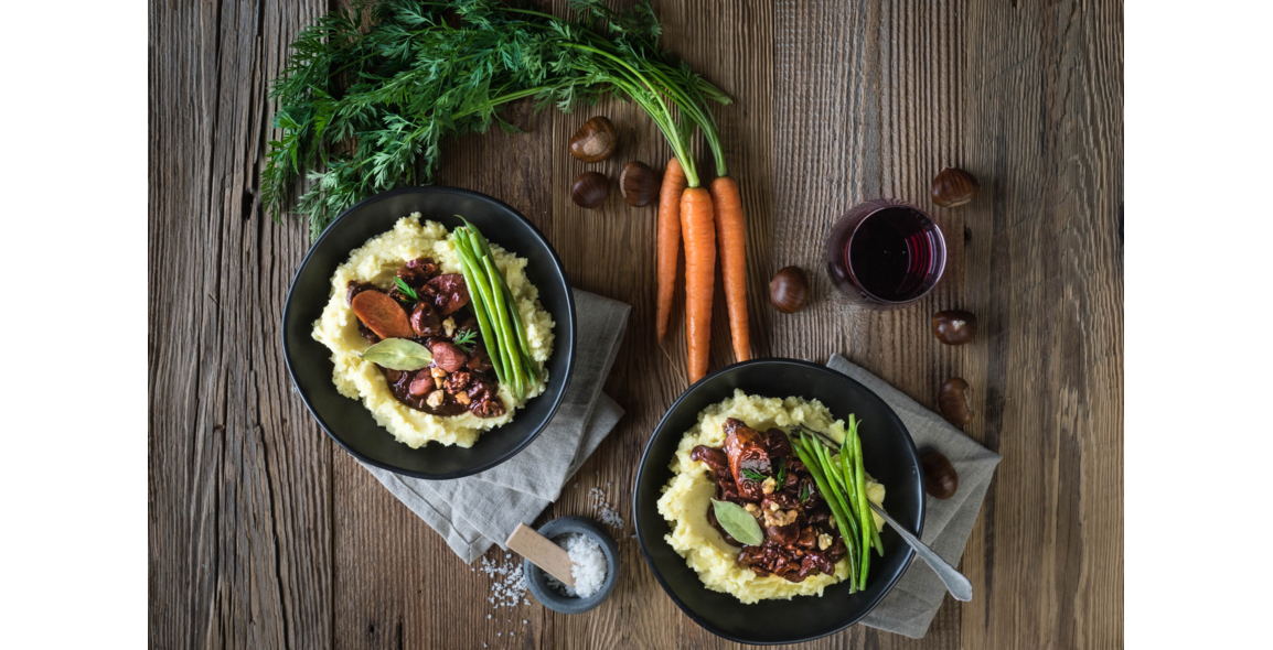 Kastanien-Bourguignon mit Kartoffelpüree und Prinzessbohnen