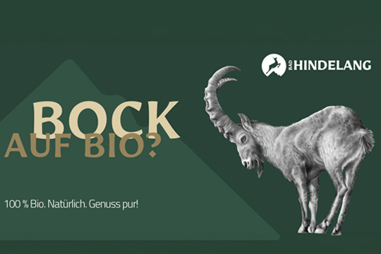 Rapunzel Schokolade mit Bad Hindelang Motiv. Darauf steht Bock auf Bio.