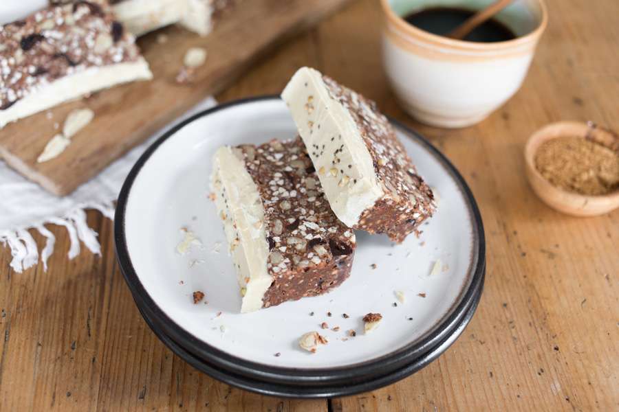 Bars of buckwheat with white chocolate, walnuts, coconut and chia seeds