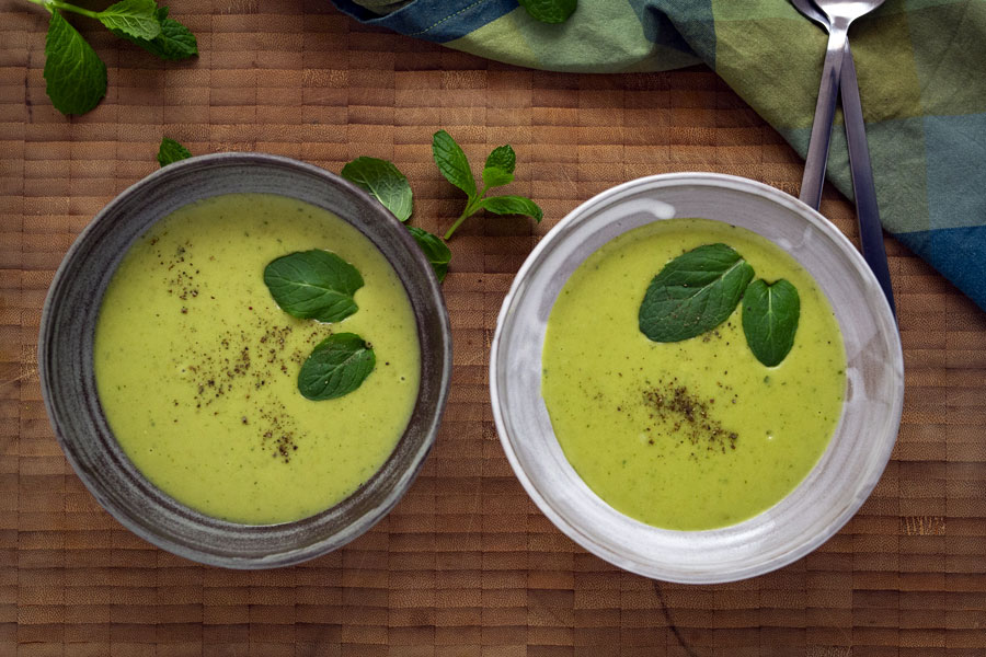 Pea and peppermint soup with white almond butter