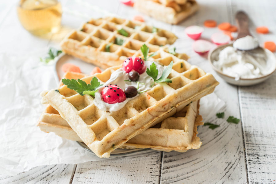 Vegetable waffles with radish ladybug decoration